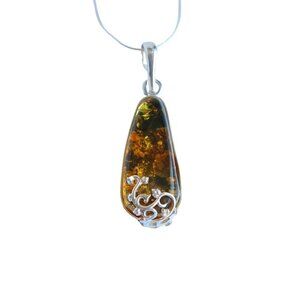 Green Baltic Amber Pendant Necklace in 925 Sterling Silver -Floral Handmade